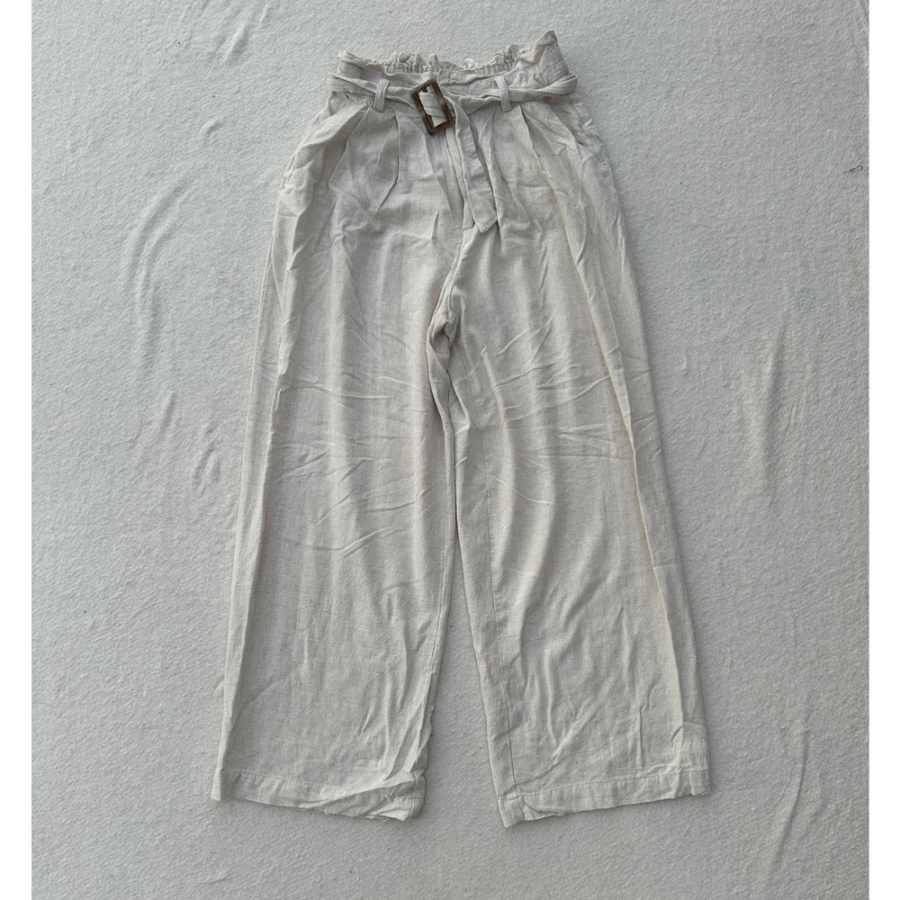 Mable Wide Leg Pants Women's Small Beige Linen Blend Belted Paperbag Waist